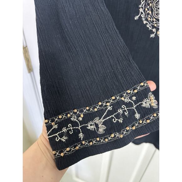Vtg Black Gauzy Embroidered Beaded 3/4 Sleeve Top Size Medium Boho Indie Peasant - Picture 7 of 10